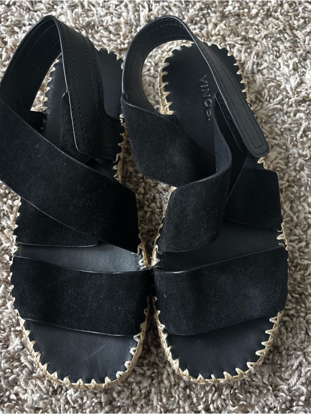 Vince.black Suede Crisscross Sandal Stitched Edge velcro belts flats espadrille